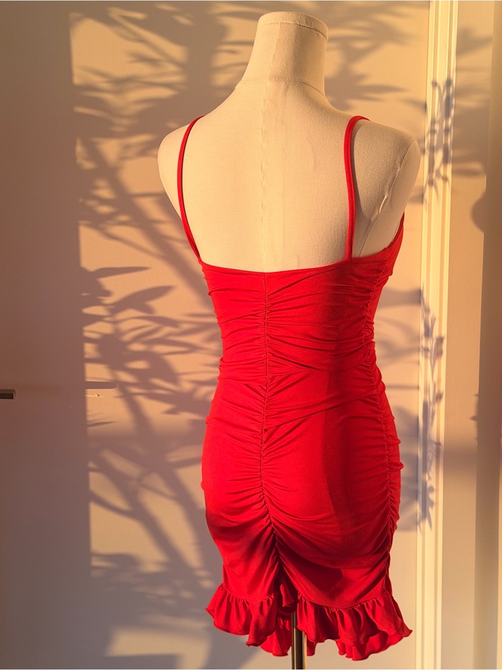 Red Ruched Ruffle-Hem Spaghetti Strap Mini Dress - Picture 3 of 4